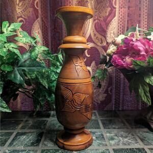 Indonesian Hand Carved Vintage Two Piece Wooden Vase OOAK Travel Gift